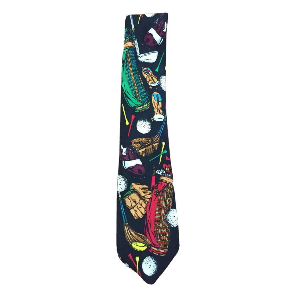 VTG 1991 Addiction Silk Neck Tie Mens Golf Club Bag Ball Novelty 90s‎ Retro